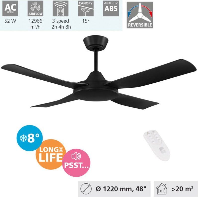 Deckenventilator Bondi 1, 4 Flügel Ventilator mit Fernbedienung, Timer und Sommer Winter Betrieb, abs Kunststoff in Schw...