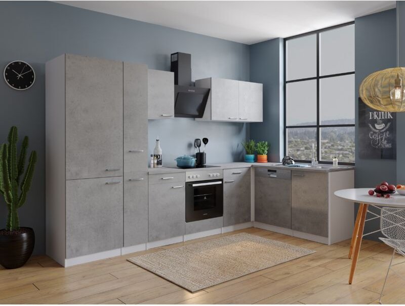 Küche Küchenzeile Küchenblock Winkelküche Weiß Beton Malia 310x172 cm Respekta