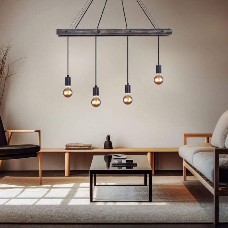 Thumbnail - Decken Pendelleuchte aus Holz 4 flammig Hängeleuchte schwarz matt Esstischleuchte, 4x E27, LxBxH 90x9x120cm, Wohnzimmer ...