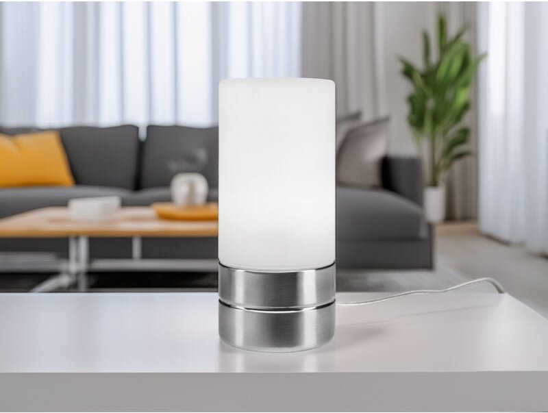 Meinewunschleuchte - Kleine Tischlampe sarno mit Touch Dimmer und Glasschirm, Höhe 20cm