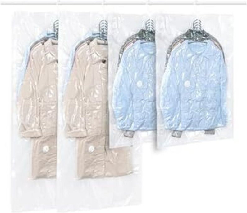 4er-Set Vakuum-Aufhängebeutel für Kleidung, transparent & wiederverwendbar – für Anzüge, Kleider, Mäntel oder Jacken.