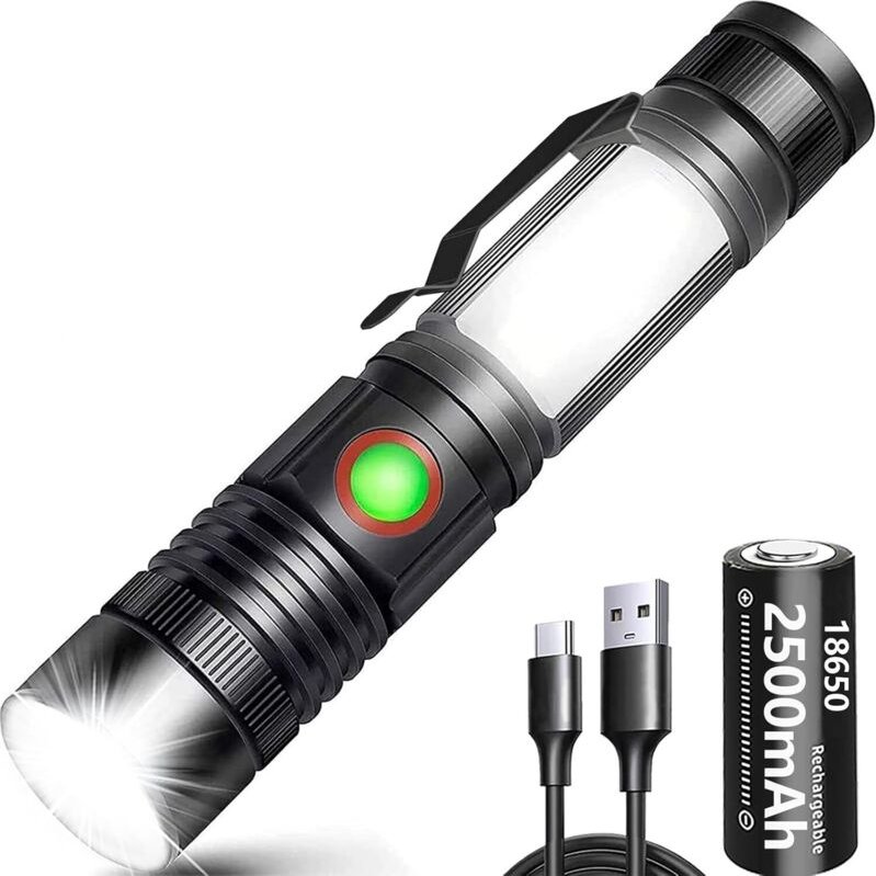 Superhelle LED-Taschenlampe mit 2000 Lumen, wiederaufladbarer Akku mit 2500 mAh Kapazität, Magnet und COB-Arbeitsleuchte...