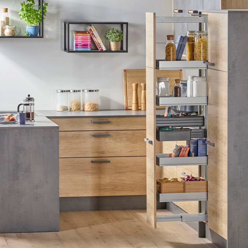 Kesseböhmer Dispensa Sets silbergrau mit ARENA Pure Tablaren silber/dunkelgrau, Höhe von 1200-1600 mm, 4 Tablare für 300...