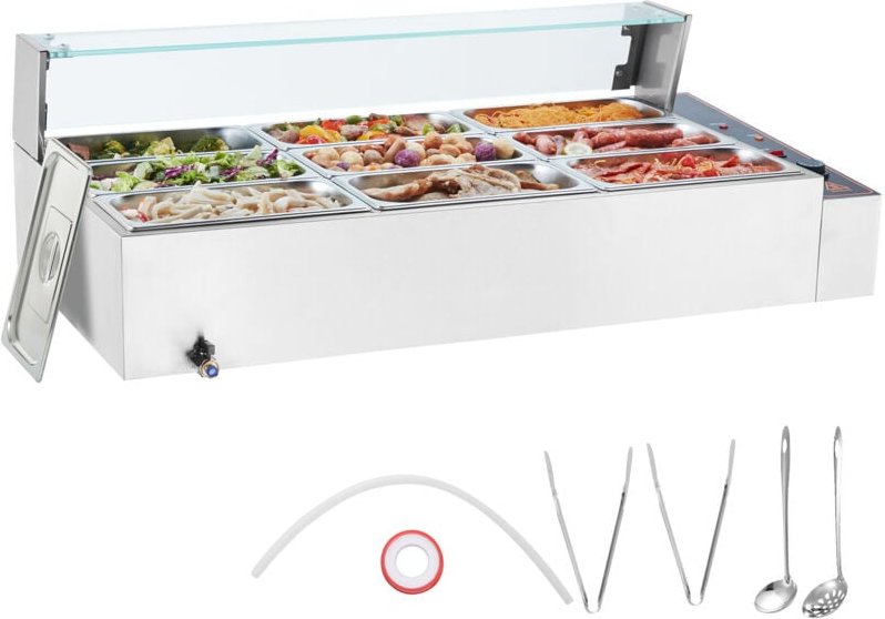 Dampftisch kommerzieller Speisenwärmer, 9 Pfannen, 1500 w, 9 x 5 qt Edelstahl-Bain-Marie mit Glasabdeckung, Temperaturre...