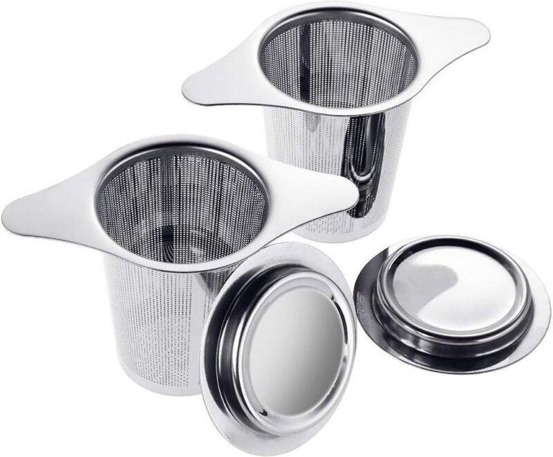 2-teiliges Tee-Ei-Set aus Edelstahl, Teefilter mit zwei Griffen und Deckel, wiederverwendbar, für Tassen, Schüsseln und ...