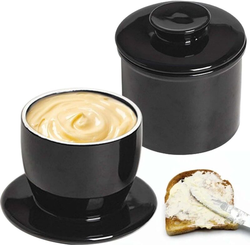 Französische Butterdose aus Keramik mit rundem Deckel, wassergekühlt mit Wasserlinie, Butterdom, Keramik-Butterdom zum V...