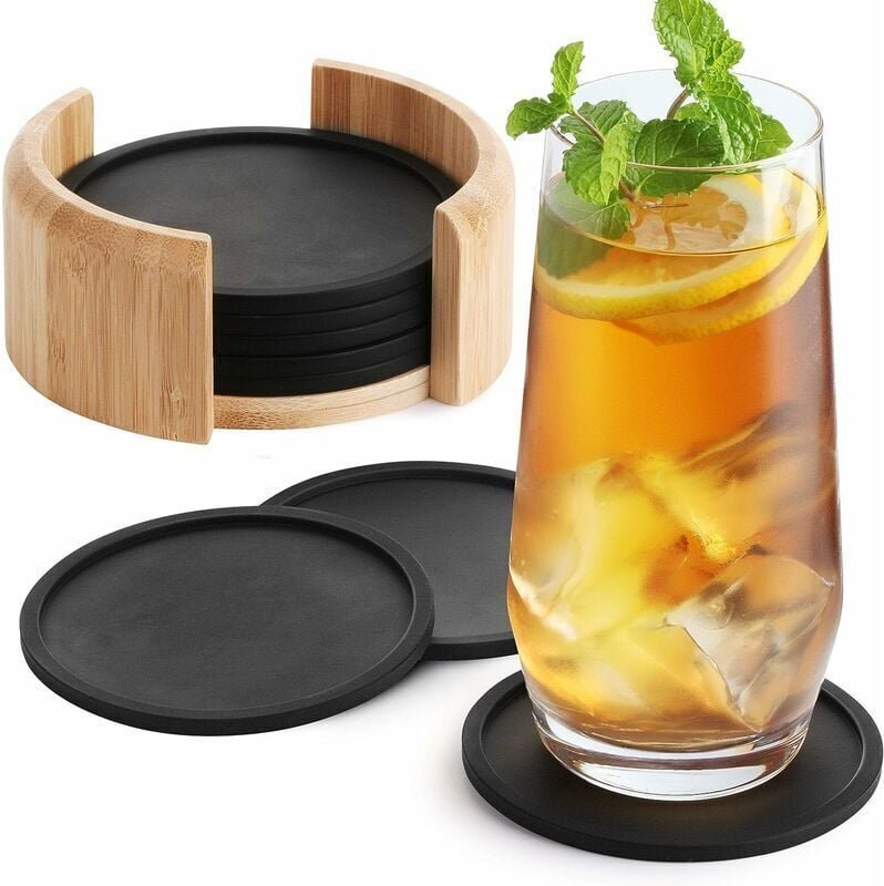 Dessous de Verre Silicone rond pour verres - set de 8. Sous-bock design en verre noir pour boissons, tasses, bar, verre ...