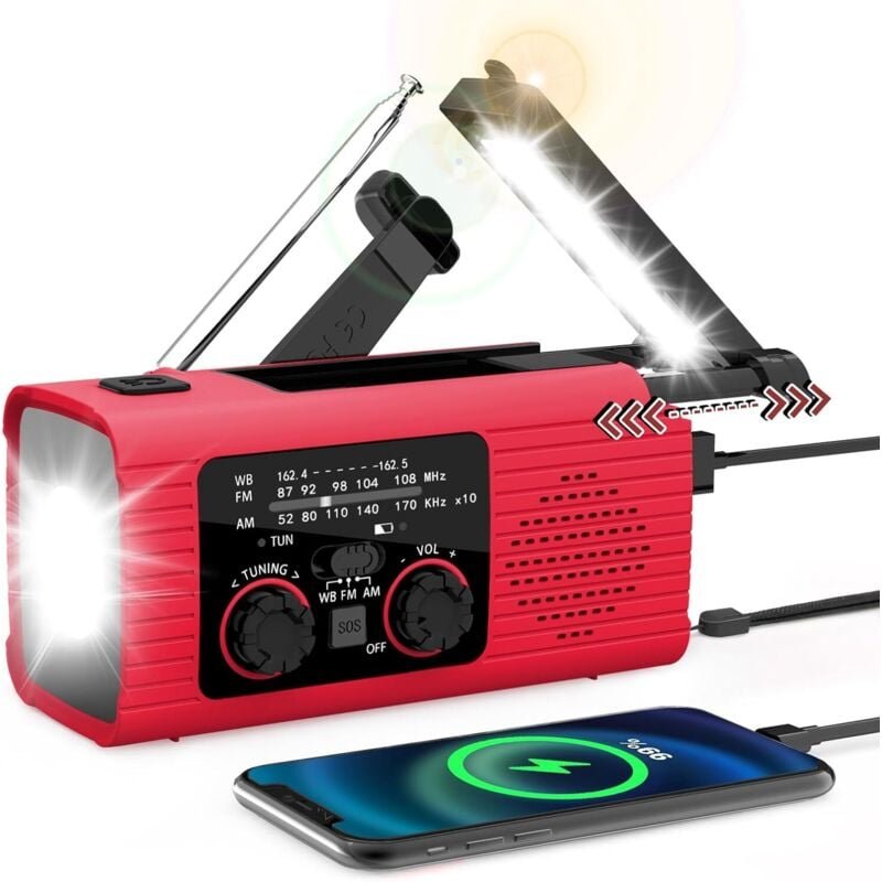 Notfall-Wetterradio, 4000 mAh NOAA-Wetterwarnradio, Solarladung, Handkurbel und USB-Aufladung, AM/FM mit LED-Taschenlamp...