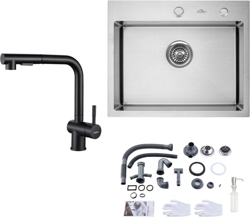 Edelstahl Küchenspüle Einbauspüle 55 × 45 cm + Schwarz Hochdruck ausziehbar Küchenarmatur