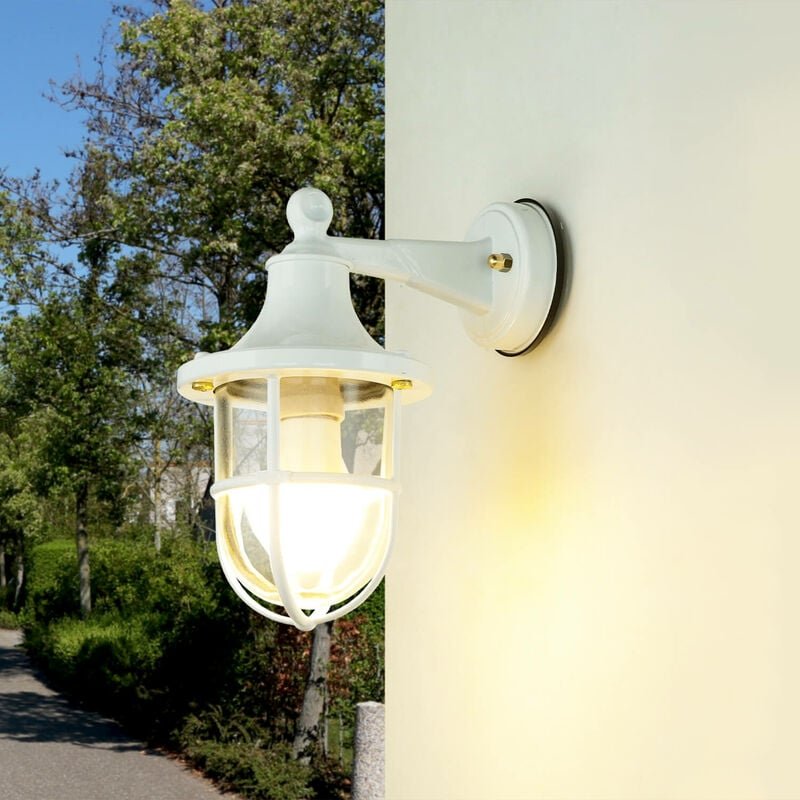 Thumbnail - Wandlampe außen IP64 Weiß E27 Glas Echt-Messing Maritim Außenleuchte