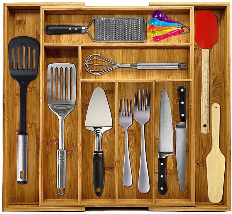 Bambus Besteckkasten Besteckeinsatz Besteck Kasten Küchenbesteck ausziehbar 34×43-50×5cm