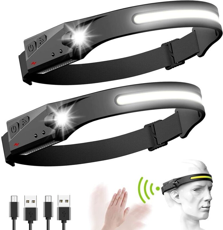 2 Stück Stirnlampe, USB-wiederaufladbare LED-Sensor-Stirnlampe, 5 Leuchtmodi, geeignet zum Angeln, Camping, Wandern, Lau...