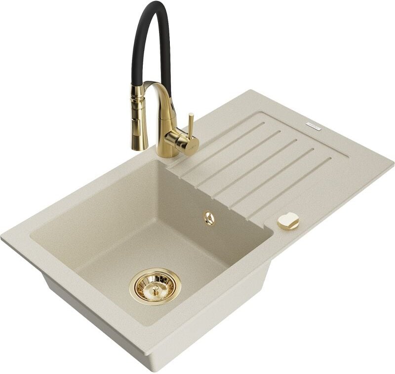 Mexen Pablo Granitspüle 1-Becken mit Abtropffläche und Küchenarmatur Aster, beige - 6510-69-73450-57-G