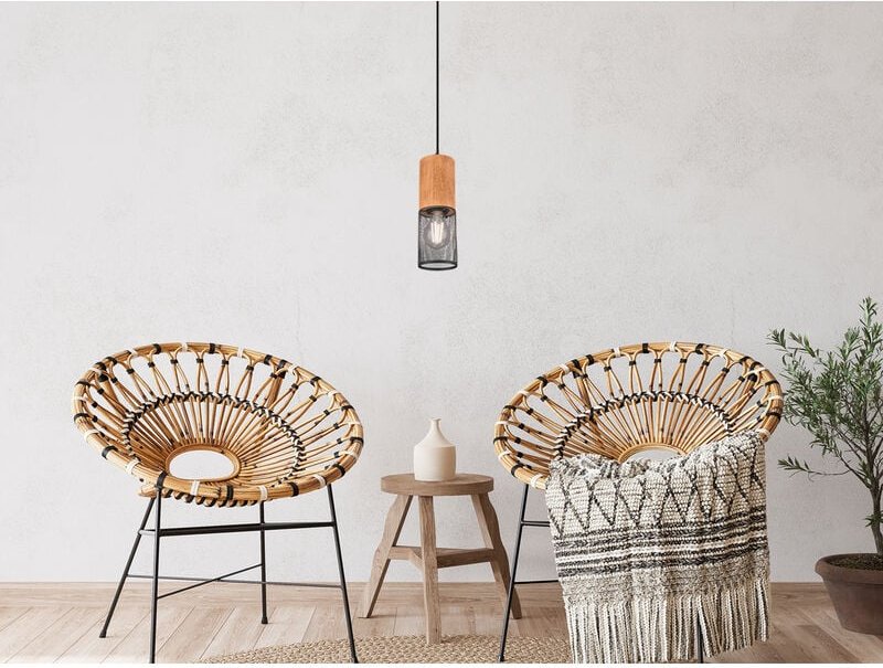 Trio - Industrial Pendelleuchte tosh Drahtkorb Schwarz mit Holz, ø 10cm