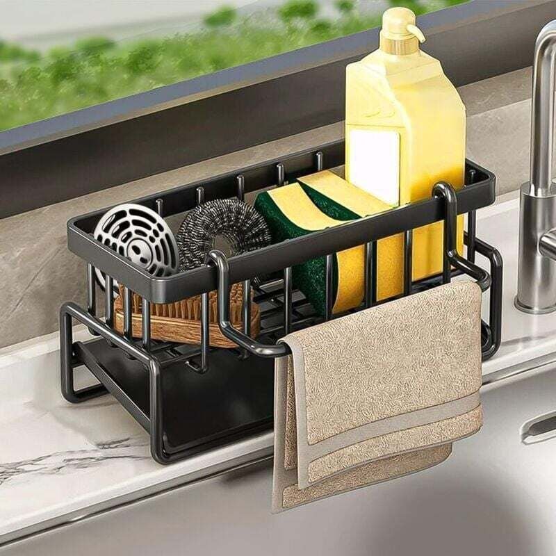 Küchenaufbewahrung und -organisation, Spülbecken-Organizer aus Edelstahl mit automatischer Abtropfschale für Schwammhalt...