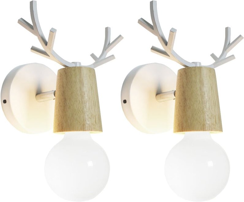 2er Wandleuchte Kreative, Moderne Geweih Form Wandlampe, Wandstrahler Licht aus Metall und Holz E27 Fassung für Schlafzi...