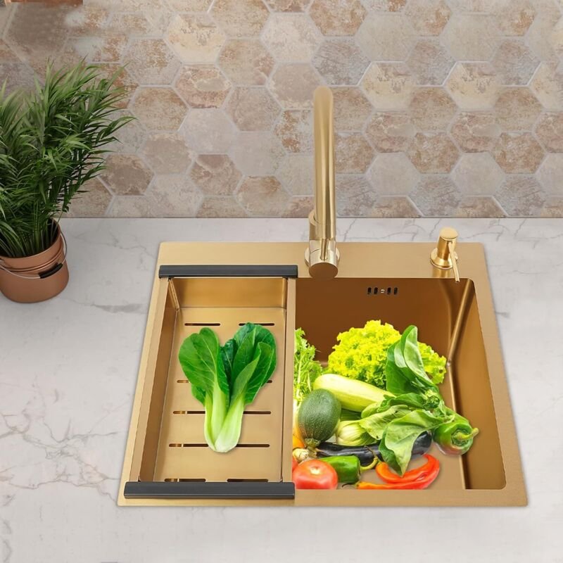 Küchenspüle, 50x45x22cm Edelstahl Spülbecken mit Abtropfkorb, Wasserhahn und Seifenspender, Waschbecken Spüle Küche Einb...