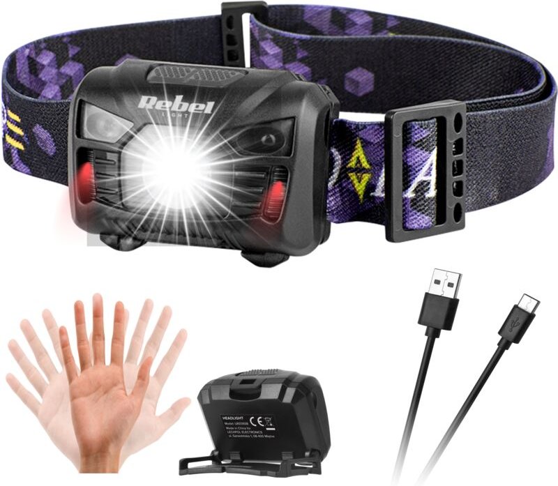Rebel 3W LED-Stirnlampe mit Bewegungssensor und USB-Ladefunktion