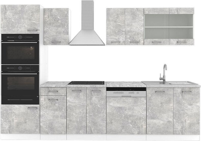 Vicco - Küchenzeile R-Line, Beton, 300 cm mit Hochschrank, ohne Arbeitsplatte