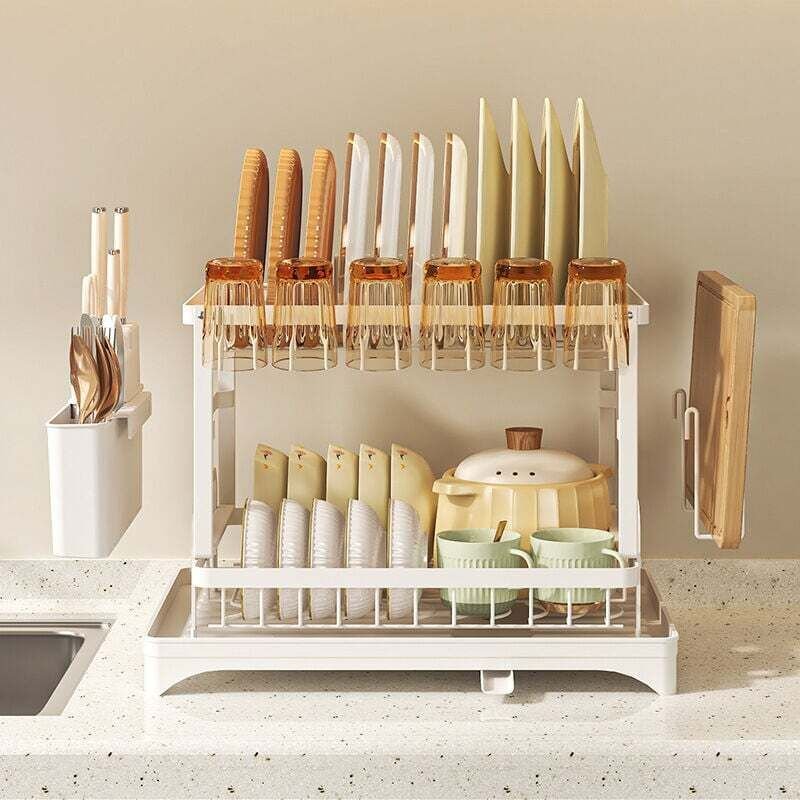 Weißer, doppelstöckiger Geschirrständer, 46,8 x 26,7 x 42 cm, multifunktionales Abtropfgestell mit Becher- und Besteckha...