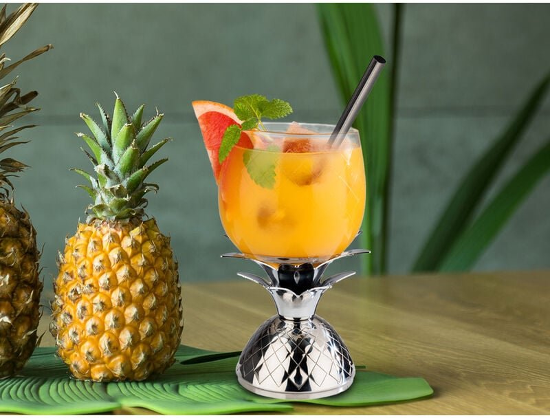 APS - Ananas Cocktailglas 350ml mit Edelstahl Deckel in silber und Metall Strohhalm