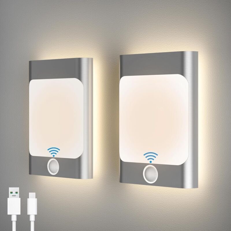 Set aus 2 Wandleuchten für den Innenbereich mit Bewegungsmelder, 3000K, Multi-Kombinationssensor, USB-wiederaufladbar, N...