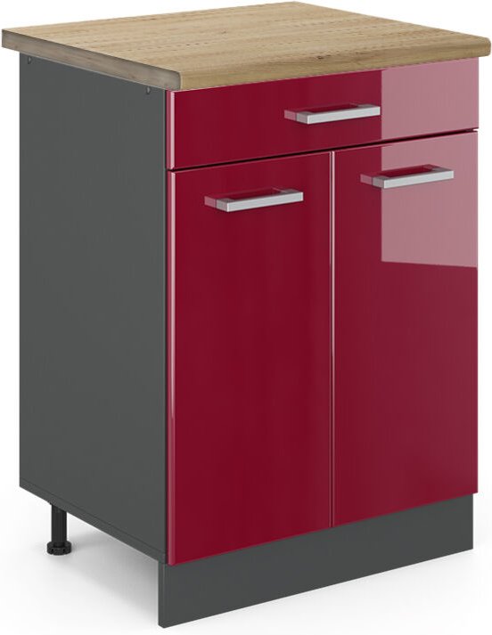 Küchenunterschrank R-Line, Bordeaux Hochglanz, 60 cm , AP Eiche, Vicco
