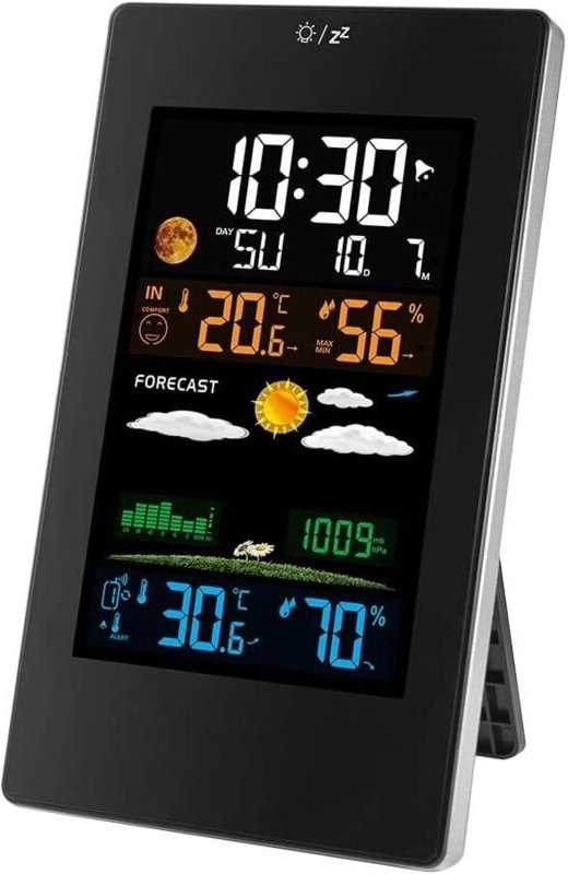Drahtlose Wetterstation, Thermometer, Hygrometer, Barometer für drinnen und draußen, digitaler Wecker mit Außensensor, A...