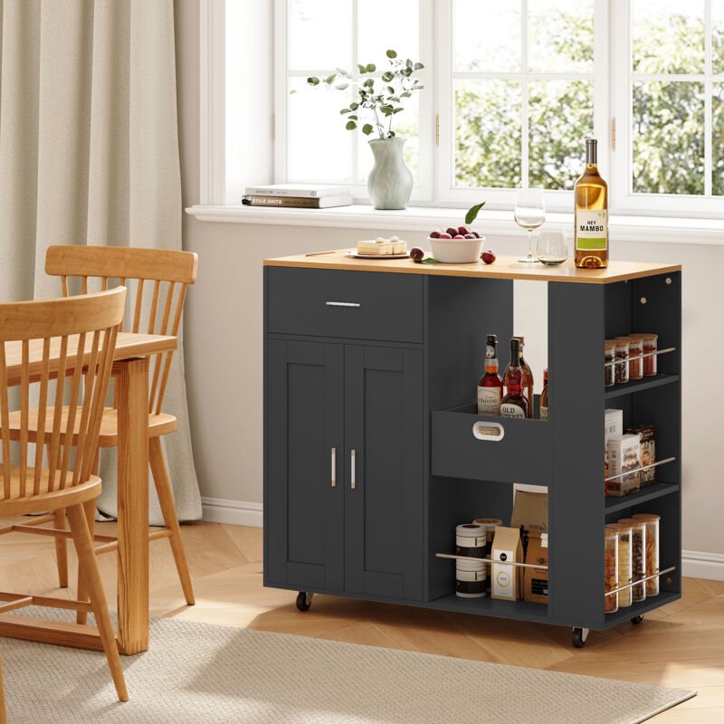 Küchenwagen 102x46x92 cm – mit Schubladen und offenen Regalen – multifunktionales Aufbewahrungsmöbel – mit Holzoberfläch...