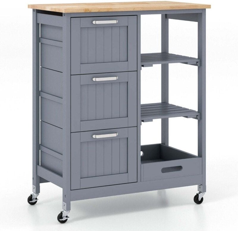 Kuchenwagen mit tablett regalen und 3 schubladen - grau