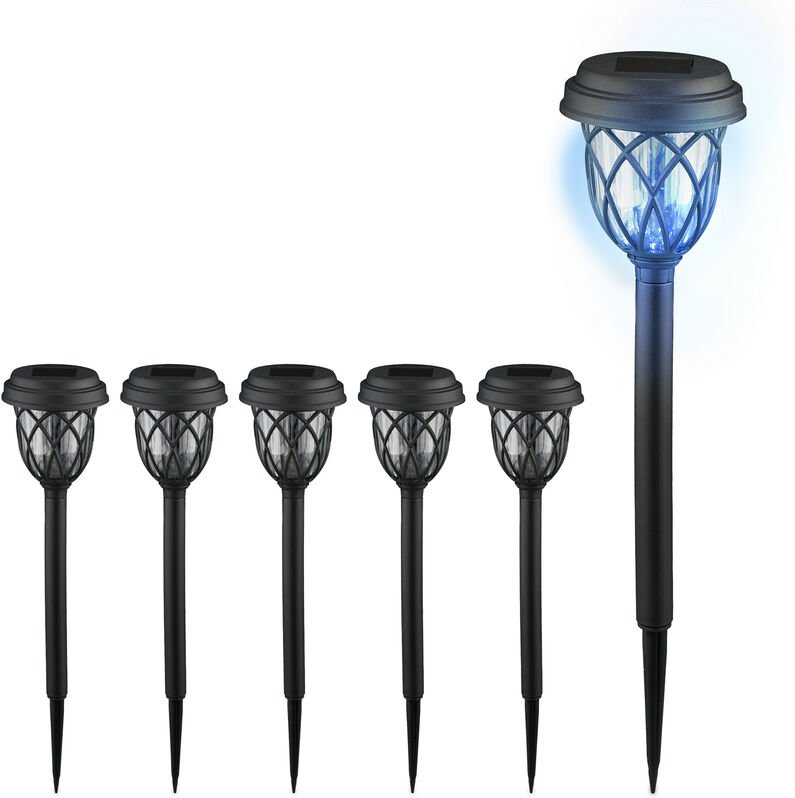 Thumbnail - Relaxdays - Solarlampen 6er Set, Laternen-Optik, led Gartenleuchten, HxD: 42,5 x 10 cm, mit Erdspieß, schwarz/transparen...