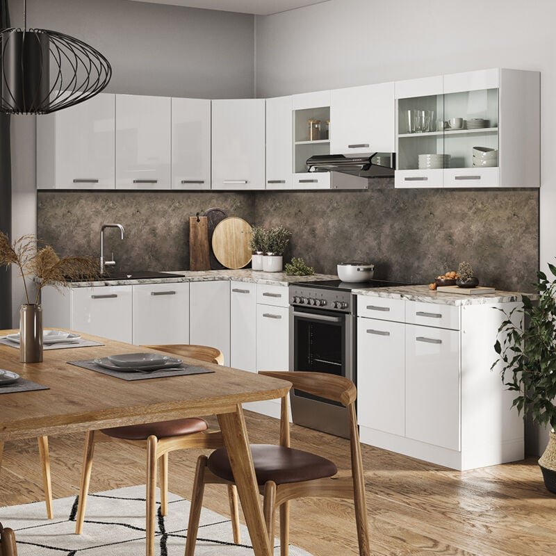 Vicco - Eckküche Rick, Weiß/Weiß Hochglanz, 267 x 167 cm , ap Marmor