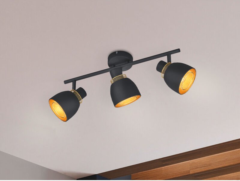 Trio Lighting - Deckenstrahler punch 3-flammig Schwarz Gold mit Drahtgeflecht, Breite 45cm