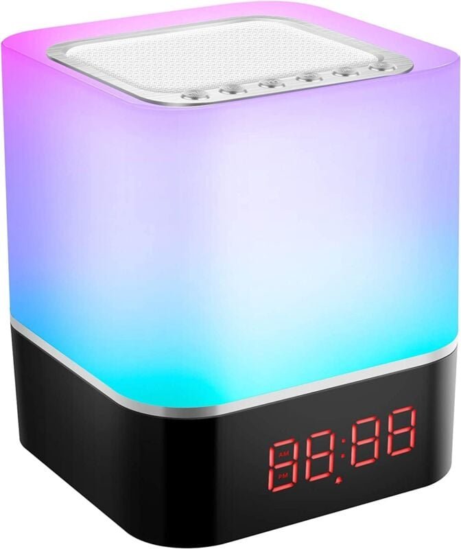 Jusch - Nachttischlampe, weißes Wecklicht, tragbarer Bluetooth-Lautsprecher, mehrfarbiges Nachtlicht, digitaler Wecker m...