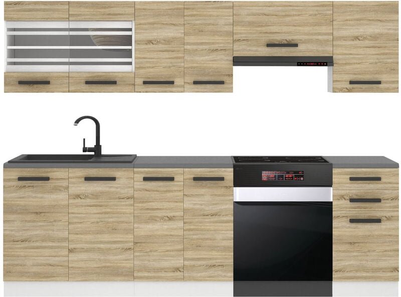 Küchenzeile Küchenblock Lily - Küchenmöbel 240 cm Einbauküche Vollausstattung ohne Elektrogeräten mit Hängeschränke und ...