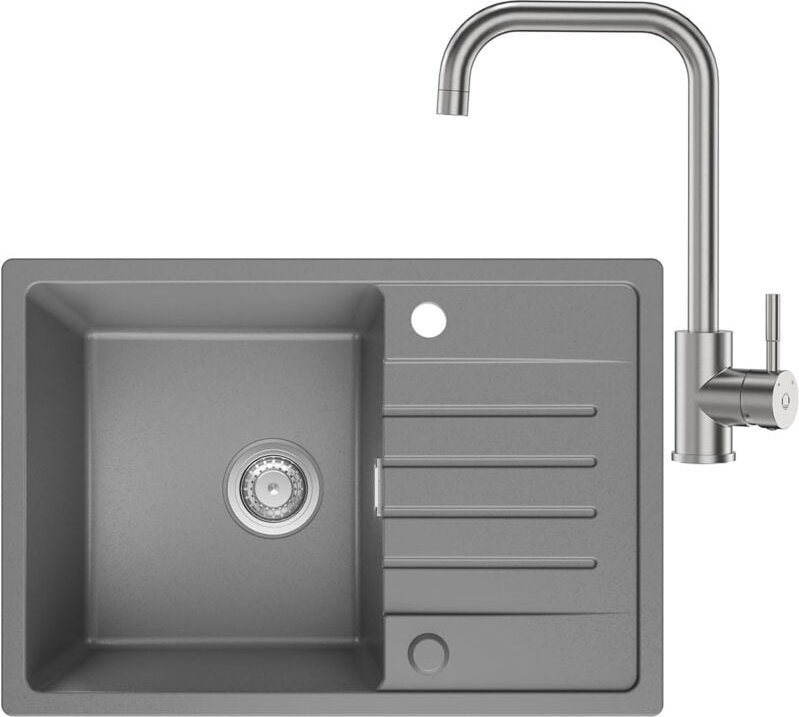 Spülbecken Küche Grau mit Armatur 65 x 45 cm, Küchenspüle aus Granit, Spüle Grau Einbauspüle, Waschbecken Küche mit Reve...