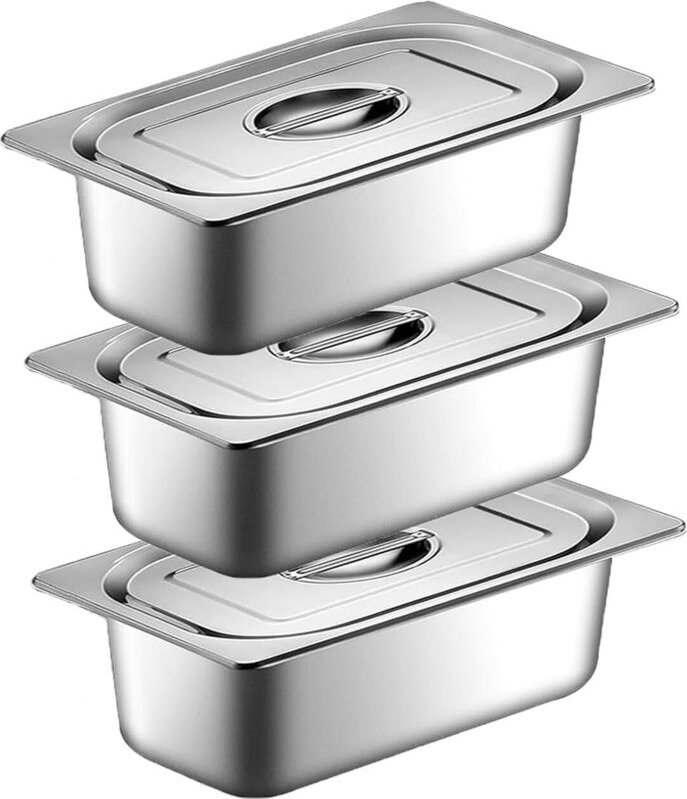 Set mit 3 Panierschalen aus Edelstahl (32,5 × 17,5 × 6,5 cm) mit Deckel für Fleisch/Fisch