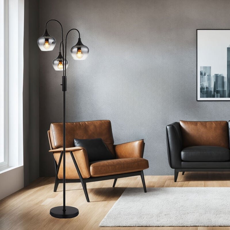 Led Stehleuchte Standlampe Wohnzimmerleuchte Rauchglas 3-Flammig schwarz, 3x E27 Filament led warmweiß