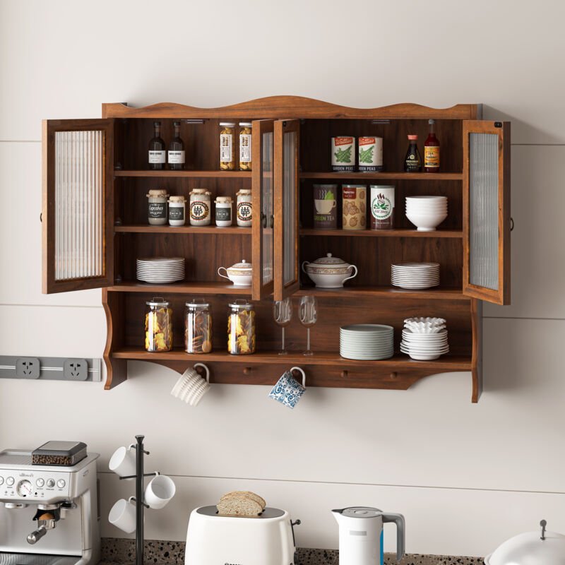 Hängeschrank mit 4 Türen und Herausnehmbaren Einlegeböden, mit Hakenleiste, Retro-Stil, aus Massivholz und Glas, 100×20×...