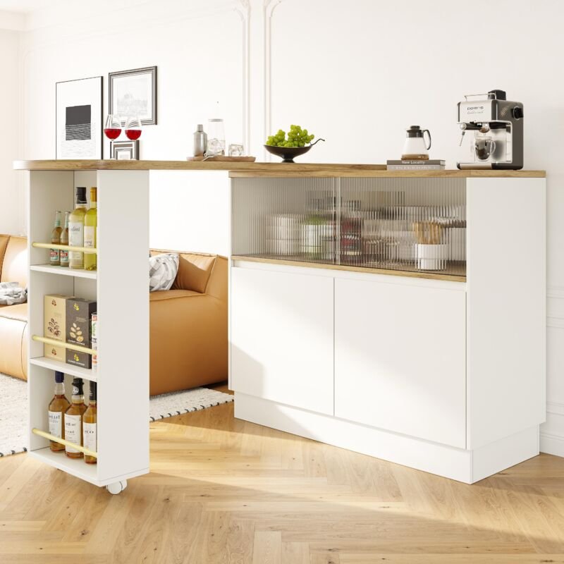 360° drehbares modernes Sideboard (90x45x100cm) mit Ablageflächen und Glas für Küchen und Restaurants in Weiß-multifunkt...