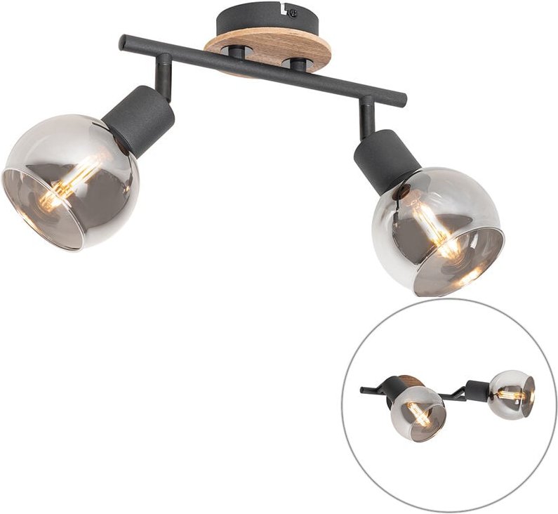 Deckenleuchte schwarz mit Rauchglas und Holz 2-flammig - Vidro