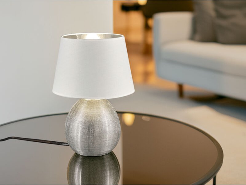 Reality Leuchten - Tischleuchte luxor Keramik mit Stoffschirm Weiß / Silber, Höhe 35cm