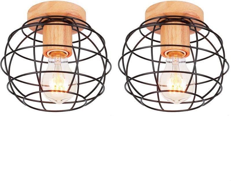2x Metall Hölzern Deckenlampe E27 Lüster Käfig Design Retro Deckenleuchte für Wohnzimmer Schlafzimmer Café Restaurant Ba...