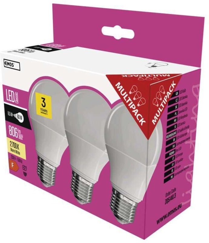 3 Stk. LED-Glühbirnen A60 E27 warmweiß 9 W