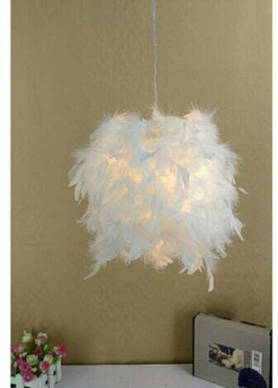 Pendelleuchte Weiß, 1 Flammig Moderne Kronleuchter, Romantisch Hängelampe mit Ø22cm Feder Lampenschirm E27 Lampenfassung