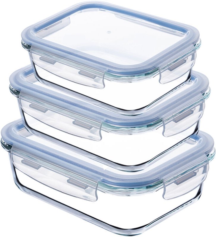 Kadax - Glasbehälter-Set mit Deckel, rechteckig, 370ml + 640ml + 1040ml