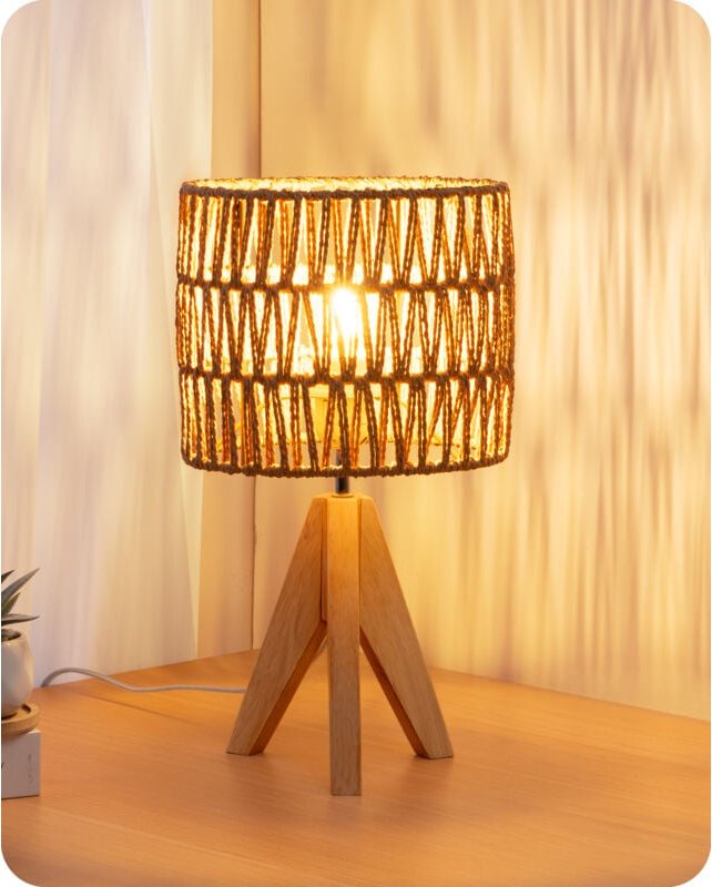 EDISHINE Nachttischlampe mit handgewebtem Seil-Lampenschirm, Wohnzimmer, inkl. E27 4W Glühbirne, H36 cm mit 165 cm lange...