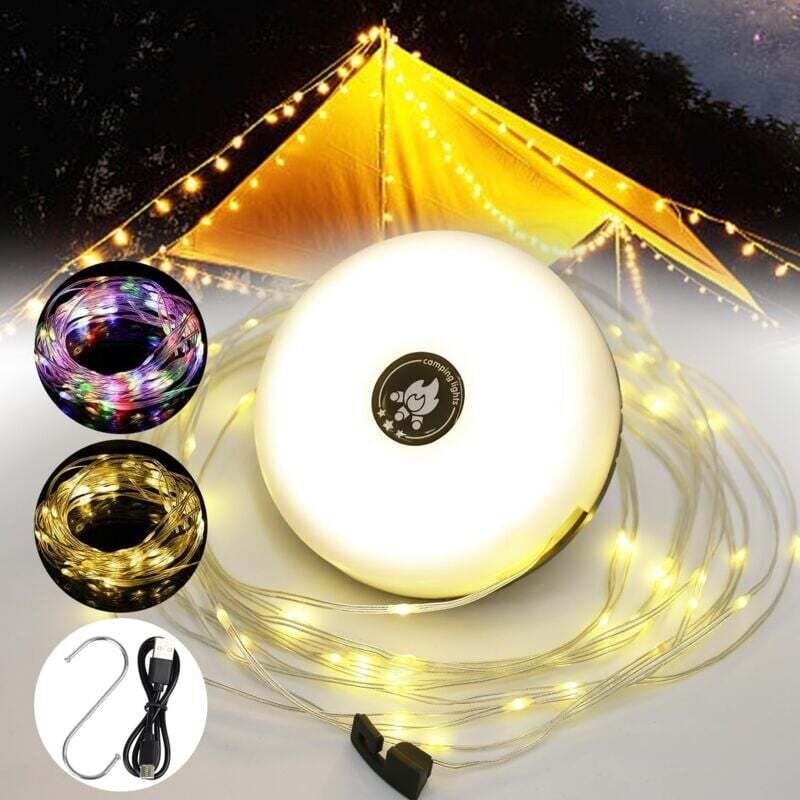 Camping-Lichterkette, 10 Meter, 3-in-1, tragbare LED-Lichterkette für den Außenbereich, per USB wiederaufladbares, auszi...