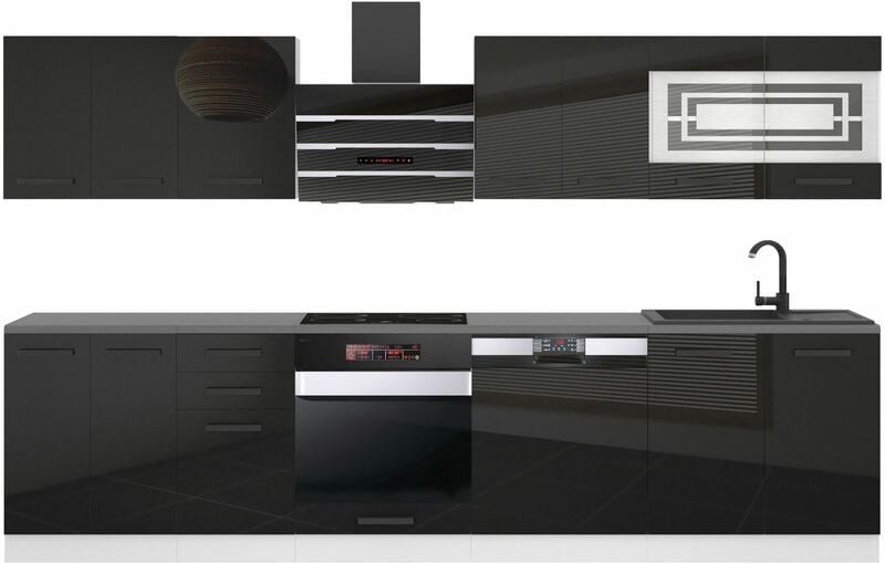 Küchenzeile Küchenblock Lucy - Küchen-Möbel 300 cm Küche komplett ohne Elektrogeräten mit Hängeschränke und Unterschränk...