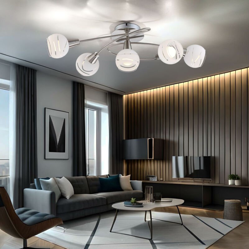 Globo - Deckenlampe Glas weiß Spotleuchte 5 Flammig Wohnzimmerleuchte Decke, nickel-matt, E14 Fassungen, LxBxH 62,4x37,1...